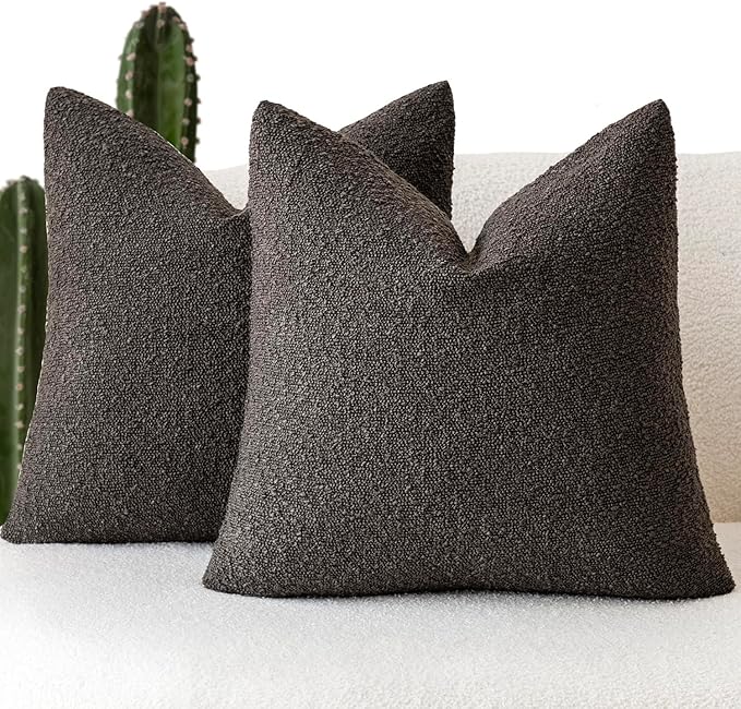 Foindtower Set of 2, Decorative Textured Boucle Throw Pillow Covers Accent Solid Pillow Cases Neutral Soft Cozy Couch Cushion Case for Chair Sofa Bedroom Living Room Home Decor 16 x 16 Inch Dark Brown