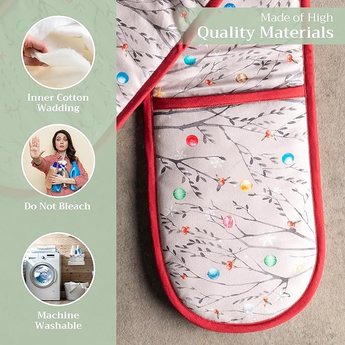 Maison d' Hermine Double Oven Mitt (7" x 35") 100% Cotton Heat Resistant BBQ Cooking Gloves with Loop for Thanksgiving Christmas Decorations Baking Cooking Barbeque Handling Hot Pan (Fairy Christmas)