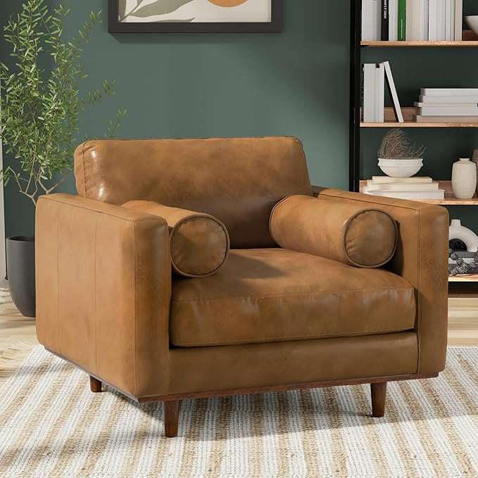 SIMPLIHOME Morrison Accent Chair - 43 inch Wide Upholstered Top Grain Genuine Leather Mid-Century Modern Arm Chair with Solid Wood Frame in Sienna, for Living Room or Bedroom with 2 Bolster Pillows