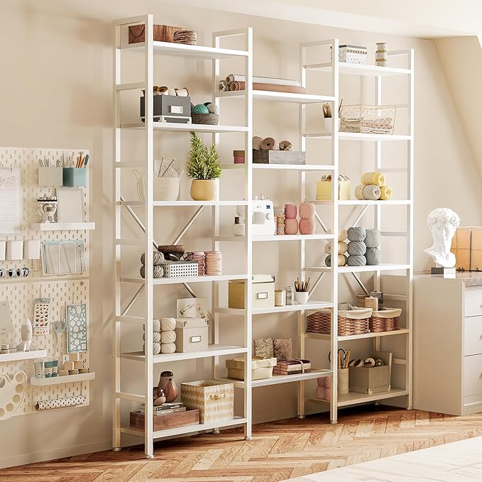 SUPERJARE Triple 6 Tier Bookshelf, Bookcase with 17 Open Display Shelves, Wide Book Shelf Book Case for Home & Office, White