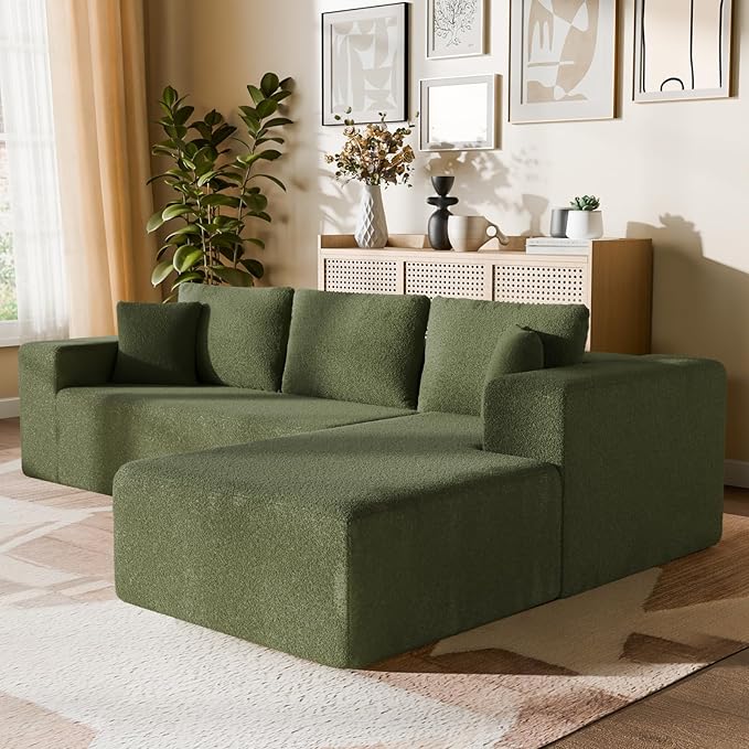 Cloud Wool Modular Sectional Sofa with Chaise, 106" L-Shaped Sofa Couch for Living Room, Deep Seat Plush Boneless Couches, Includes Pillows, Left Chaise, Green