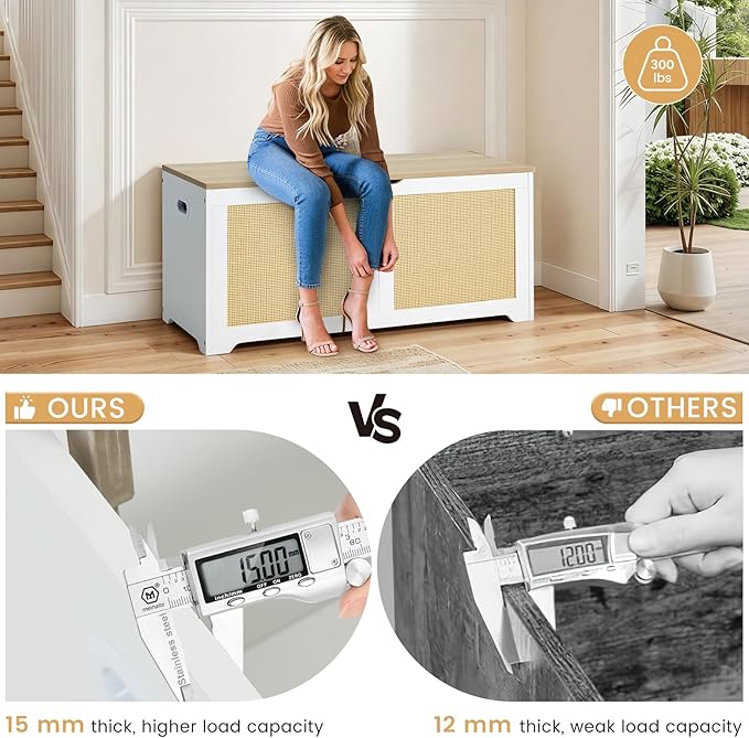 EROMMY Storage Chest, 39.4" Rattan Storage Bench with 2 Safety Hinges, Shoe Bench for Entryway, Bedroom, Living Room, Supports 300 lb