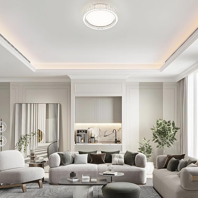 LamQee Crystal Flush Mount Ceiling Light Fixture, Dimmable LED Modern Close to Ceiling Light, Hallway Light Fixtures Round Chandelier for Bedroom Kitchen Bathroom Dining Living Room, Large, 21.65 inch