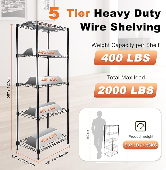 Whitmor 5 Tier Storage Shelves, Heavy Duty Metal Shelving, 400 lbs Capacity per Shelf, 2000 lbs Total, Easy Assembly for Kitchen, Garage, Plant, 18" L x 12" W x 50" H, Black