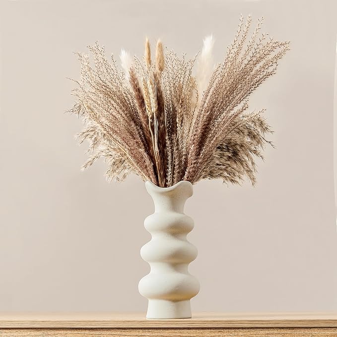 Modern Decorative White Ceramic Vases for Home Decor 8.3 Inch, Minimalist Boho Flower Aesthetic Cream Vase for Pampas Grass