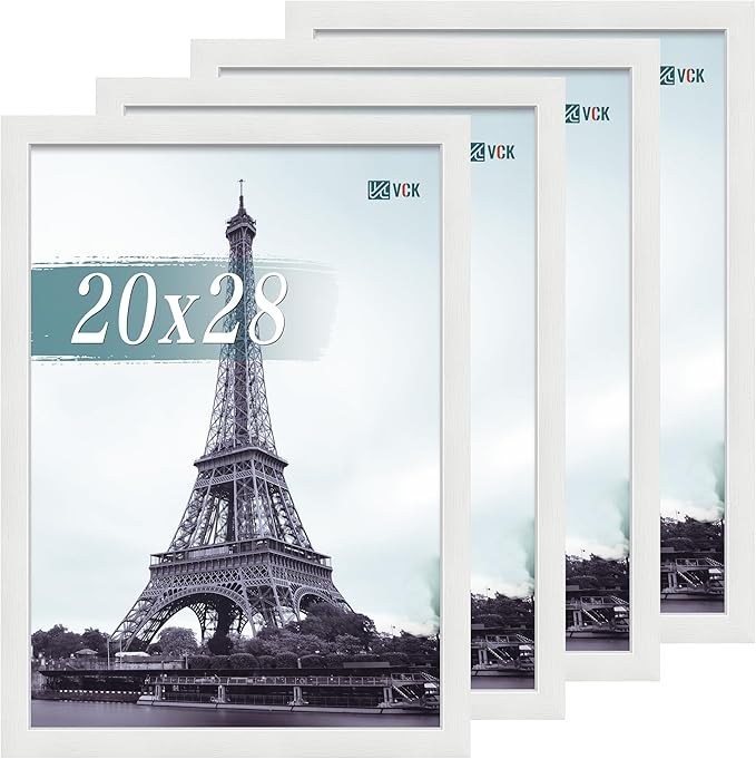 VCK 20x28 Picture Frame Set of 4 - White, Gallery-Quality Wood Poster Frames, 1.1-Inch Wide Border, Polished Plexiglass, Vertical or Horizontal Wall Display for Photo/Art/Prints, White
