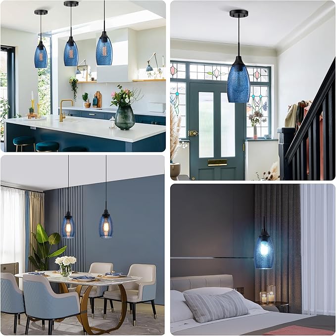 Mini Glass Pendant Light,4.72" Dark Blue Glass Hanging Light 3-Pack Handblown Clear Blue Seeded Shade Adjustable Cord Ceiling Light Fixture for Kitchen Island Sink