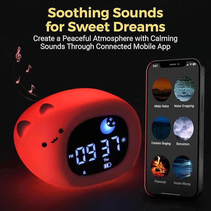 Bumble & Bright Go & Glow Cat App Control Kids Alarm Clock – Digital Sleep Trainer with USB-C Corded, 8 Night Light Colors, 6 Soothing Sounds, 12/24H Routine Trainer, Gift for Boys & Girls