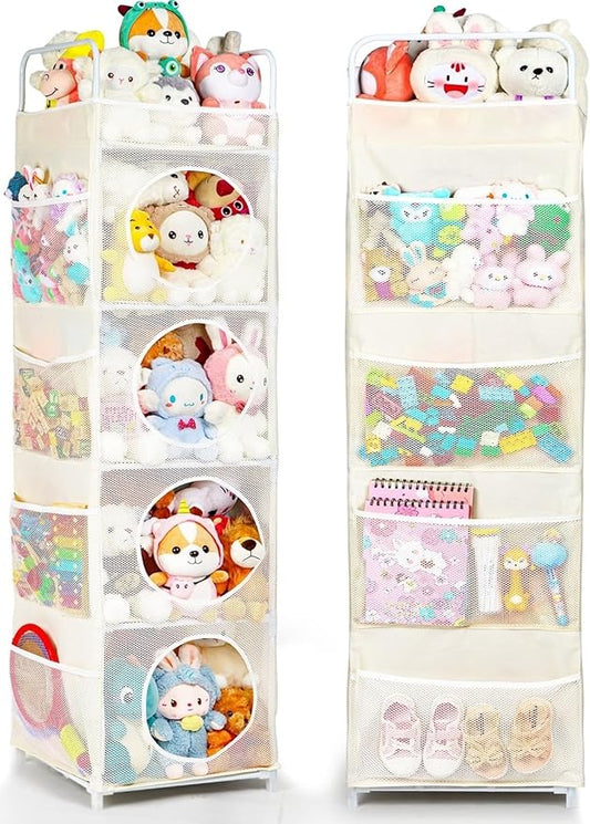 Stuffed Animal Storage, 5 Tier - 8 Side Pockets Toy Storage Organizer, 63.8" Space-Saving Corner Storage for Kids' Bedroom & Playroom, Ivory