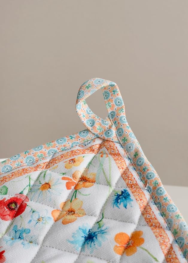 Maison d' Hermine Pot Holders Set 100% Cotton Heat Resistant Potholders 8" x 8" Hot Pads with Loop BBQ, Cooking, Baking, Grilling, Kitchen, Handling Hot Pans Spring/Summer (Pack of 2, Summer Whisper)