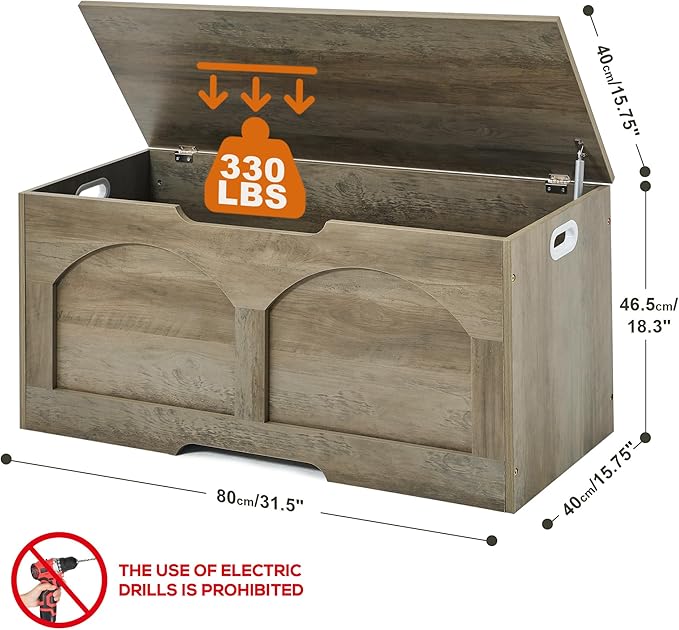 Storage Chest Bench, 31.5" Retro Storage Trunk Chest, Entryway Bench Supports 330 lb, Upgraded Safety Lift Support Hinge, Entryway Bench, U-Shaped Opening for Entryway Living Room, Greige