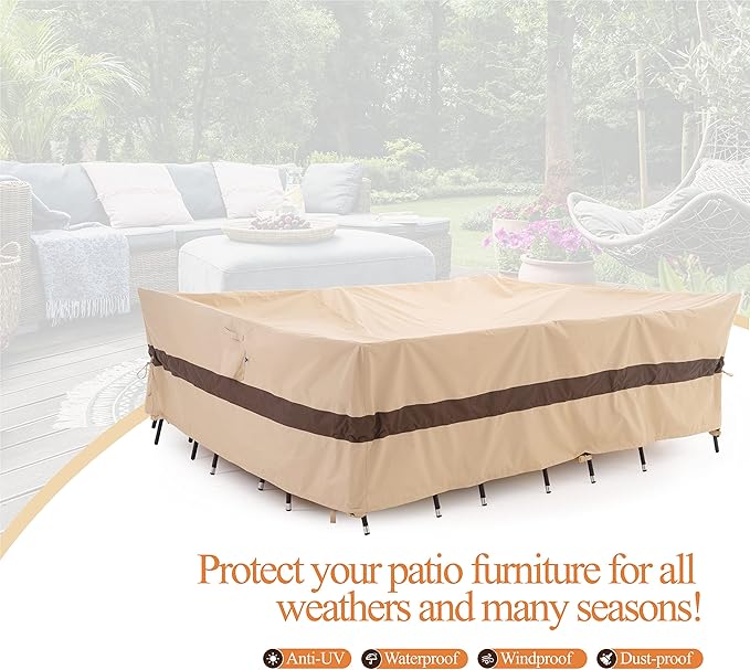 WJ-X3 Extra Large Patio Furniture Set Covers Waterproof, Outdoor Table Cover Heavy Duty, Lawn Sectional Set Cover Anti-Fading, High Wind Resistant, Anti-UV, 126W x 84D x 31H Inches, Beige & Coffee