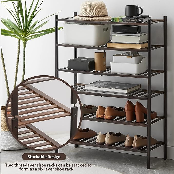 Shoe Rack, 3-Tier Bamboo Stackable Shoe Shelf Storage Organizer, Shoe Stand for Closet, Entryway and Hallway