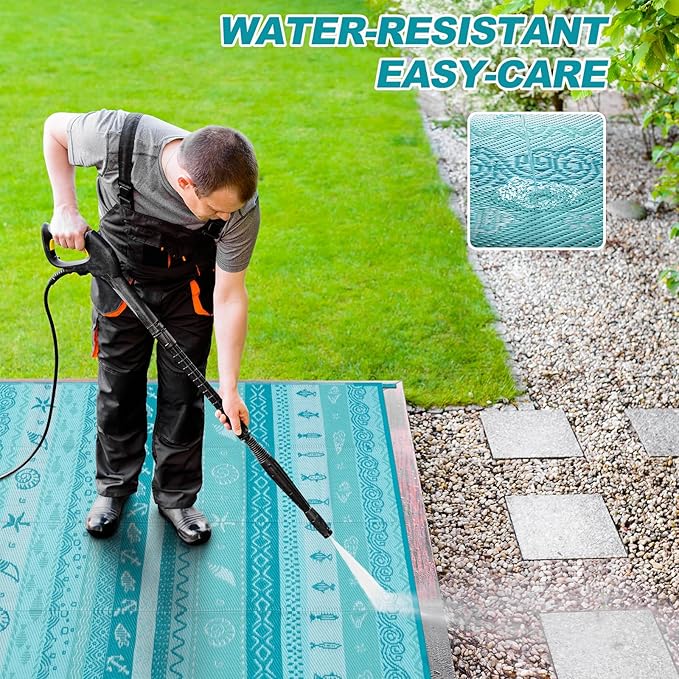 Lahome Outdoor Rug Waterproof, 6x9 Reversible Outdoor Plastic Straw Rug for Camping, RV Patio Rugs Large Carpet for Porch Deck Backyard Balcony Picnic(Blue/Multi,6'x 9')