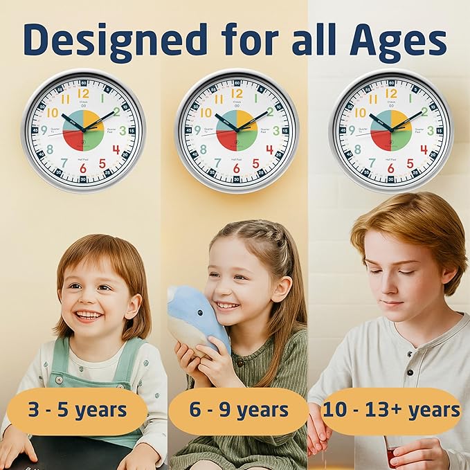 OWLCONIC Non Ticking Analog Clock for Kids Learning to Tell Time, Teaching Clock for Kids Wall, Clocks for Classroom, Homeschool Decor, Bedrooms, Silent, Homeschooling Resource.