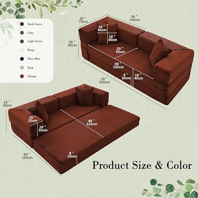 Sectional Boneless Couch Convertible Sofa Bed, 78'' Modular Sectional Sleeper Sofa with Removable Armrests & 3 Pillows, Small Floor Couch No Assembly Needed for Living Room, Office, Bedroom, Orange