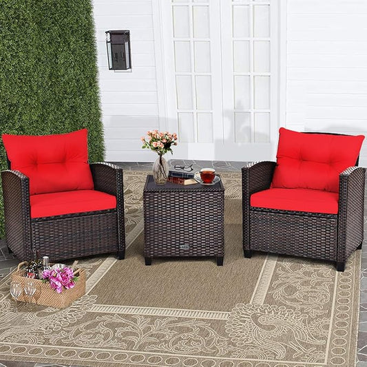 RELAX4LIFE 3 Piece Patio Furniture Set, Wicker Bistro Conversation Set w/ 2 Cushioned Armchairs & Glass Topped Table, Outdoor Rattan Sofa Set Patio Furniture for Porch Balcony Poolside (Red)
