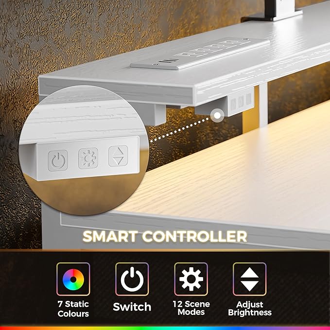 Huuger Gaming Desk with 6 Drawers, Computer Desk with LED Lights Power Outlets and Type-C, 39 Inch Office Desk with Storage, Monitor Stand, Writing Desk Work Desk Home Office, Bedroom, Study, White