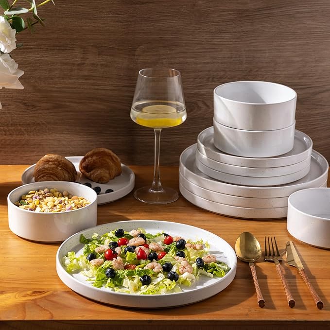 AmorArc Ceramic Dinnerware Set for 4 | Speckled Stoneware Plates and Bowls with unglazed terracotta | Scratch Resistant, Dishwasher & Microwave Safe Dishes Sets- 12-Pcs Milk White