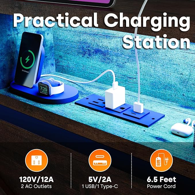 Farmhouse Queen Bed Frame with Bookcase Storage Headboard, Charging Station, LED Light and 2 Storage Drawers, Noise Free, No Box Spring Needed, Brown