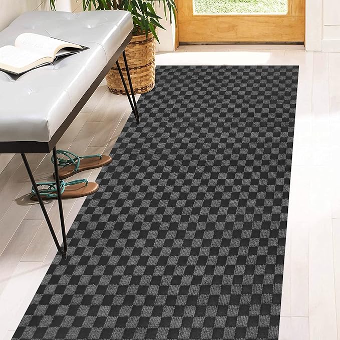 4' x 47' Runner Rugs with Rubber Backing, Indoor Outdoor Utility Carpet Runner Rugs, Checkered Gray, Can Be Used as Aisle for The RV and Boat, Laundry Room and Balcony