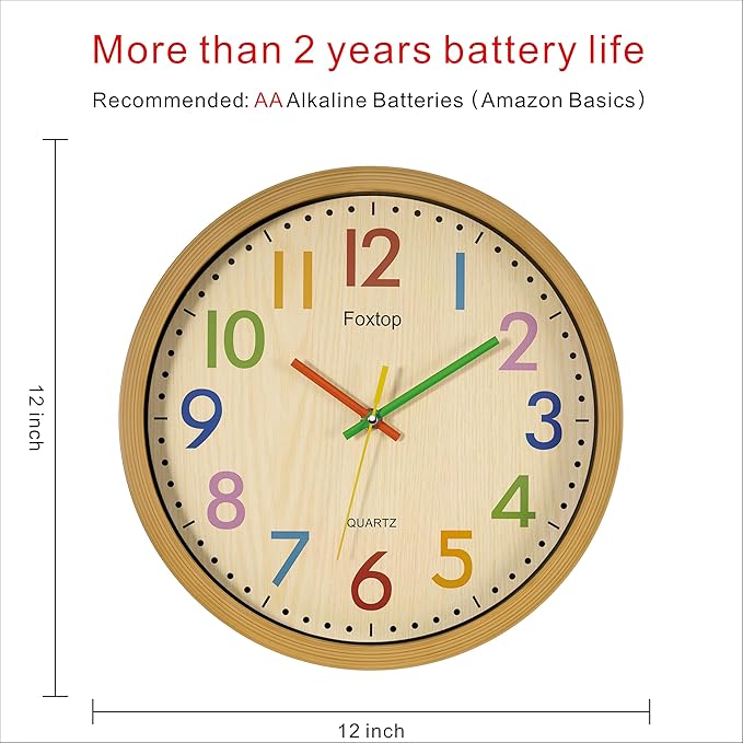 Foxtop Silent Kids Wall Clock 12 Inch Non-Ticking Battery Operated Colorful Childrens Clock for Classroom Playroom Nursery Bedrooms Kids Room School