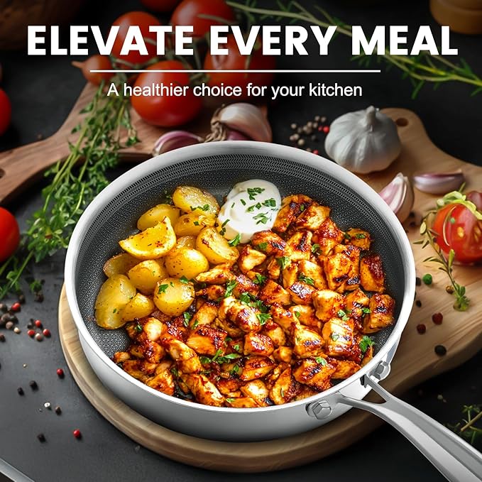 Non Stick Frying Pans,Hybrid Frying Pan with Lid,Non Toxic Frying Pans Nonstick,Stainless Steel Skillet,Dishwasher and Oven-Safe,Compatible with All Cooktops, 2-Piece Set (7.8+11in)