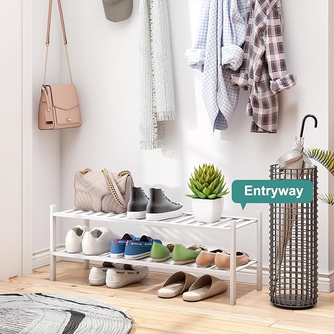 Long Shoe Rack for Entryway,Shoe Organizer for Hallway Closet, Bamboo Wood Shoe Racks for Indoor Outdoor (White, 2-Tier Long)