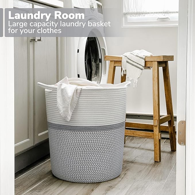 INDRESSME Baby Laundry Basket for Nursery, Kids Laundry Hamper, Tall Storage Basket for Living Room, Rope Basket for Blankets, Clothes, 17¾ x 15¾ x 13¾ inches, Grey
