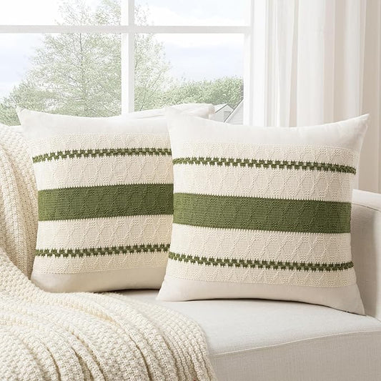 Fancy Homi Set of 2 Boho Moss Green Big Decorative Throw Pillow Cover 24x24 Inch for Couch Bed Bedroom, Aesthetic Modern Organic Farmhouse Room Decor, Soft Cotton Accent Macrame Woven Cushion Case