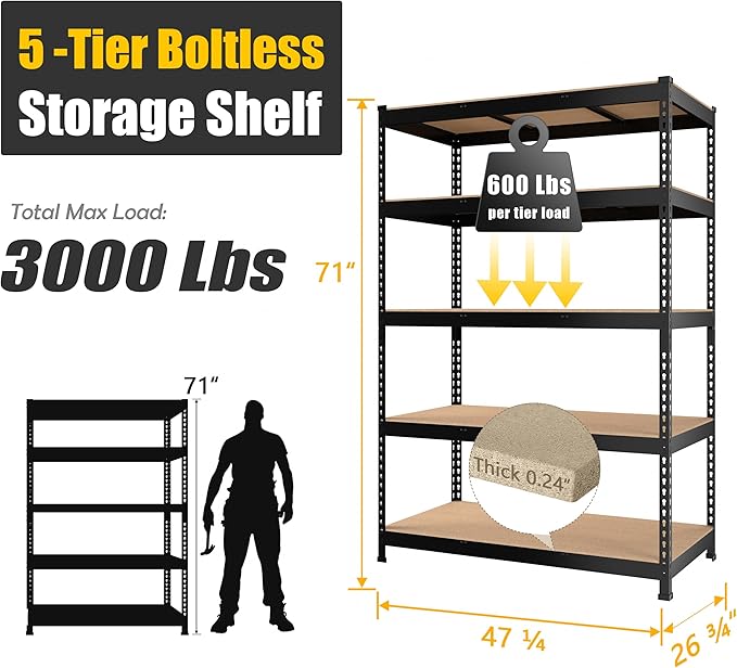PrimeZone 47" W x 23.6" D x 71" H Large Heavy Duty Storage Shelves - 3 Pack 5 Tier Adjustable Garage Storage Shelving, Metal Storage Utility Rack Shelf Unit for Warehouse Pantry Closet Kitchen, Black