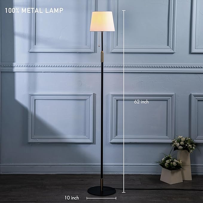 O'Bright Velum - Classic Floor Lamp, Elegant Linen Shade, Pull Chain Switch, Luxury Gold Handle, Modern Minimalist Design - Perfect for Living Room, Bedroom, Office - Black