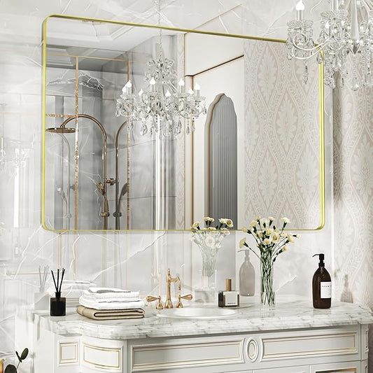 55×36 Gold Bathroom Mirror, Rectangular Bathroom Vanity Mirror for Wall with Rounded Corners & Aluminum Alloy Frame, Tempered-Glass, Modern, Farmhouse, Horizontal/Vertical, Entryway, Bedroom