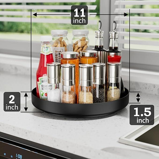 Ovicar Lazy Susan Turntable Organizer - 11 inch Rotating Spice Rack Metal Lazy Susan for Cabinet Pantry Kitchen Countertop Bathroom Refrigerator Table Storage, Black