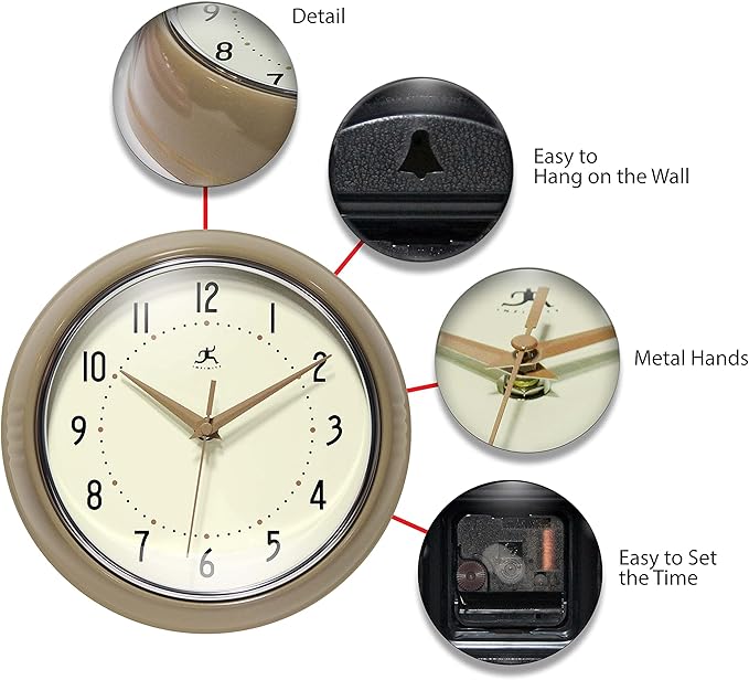 Infinity Instruments LTD. Retro 9 inch Silent Sweep Non-Ticking Mid Century Modern Kitchen Diner Wall Clock Quartz Movement Retro Wall Clock Decorative (Latte)…