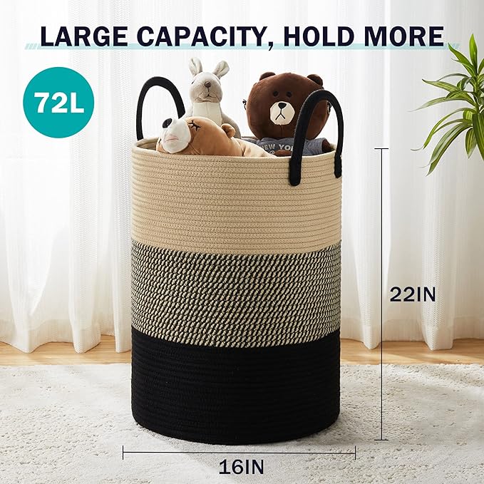 Woven Rope Laundry Hamper Basket, 72L Tall Luandry Basket, Baby Nursery Hamper for Blanket Storage, Clothes Hamper for Laundry in Bedroom-Large-Black & Brown