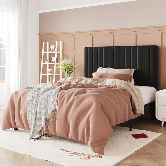 Allewie Twin Bed Frame, Velvet Upholstered Platform Bed with Adjustable Vertical Channel Tufted Headboard, Mattress Foundation with Strong Wooden Slats, Box Spring Optional, Easy Assembly, Black