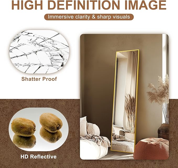 Delma Wall Mirror Full Length Mirror,Standing Mirror Full Body,Large Floor Mirror for Wall Door Bedroom Bathroom Living Room with Aluminium Frame(with Stand,Rect 56x15-Gold)