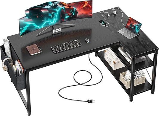 EnHomee Small Computer Desk with Storage Shelves & Side Bag, 40 Inch L Shaped Gaming Desk with Power Outlets, Corner Desk Study Writing Table for Home Office Bedroom Living Room, Black
