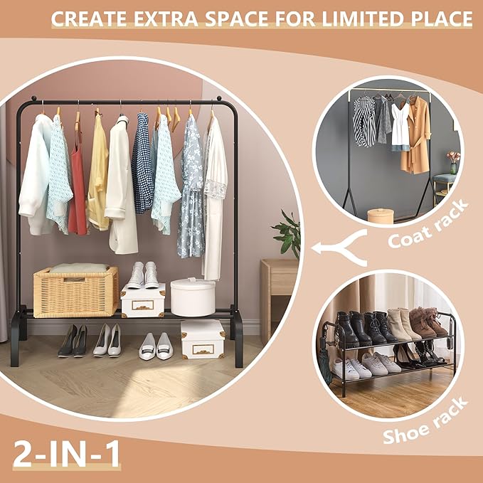 JIUYOTREE Metal Clothing Rack, 43.3 Inches Garment Rack with Bottom Shelf for Hanging Clothes, Coats, Skirts, Shirts, Sweaters, Black