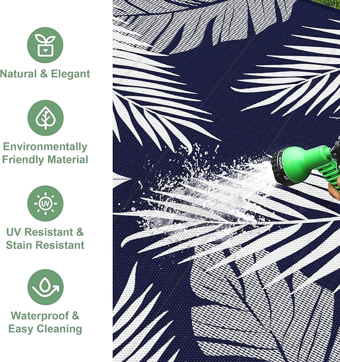 Outdoor Rug 5’x8’ Waterproof for Patio Clearance, Reversible Indoor Outdoor Plastic Straw Camping Rug Carpet, RV Mat, Large Area Rug for Deck, Backyard, Balcony, Porch, Beach, Blue & White