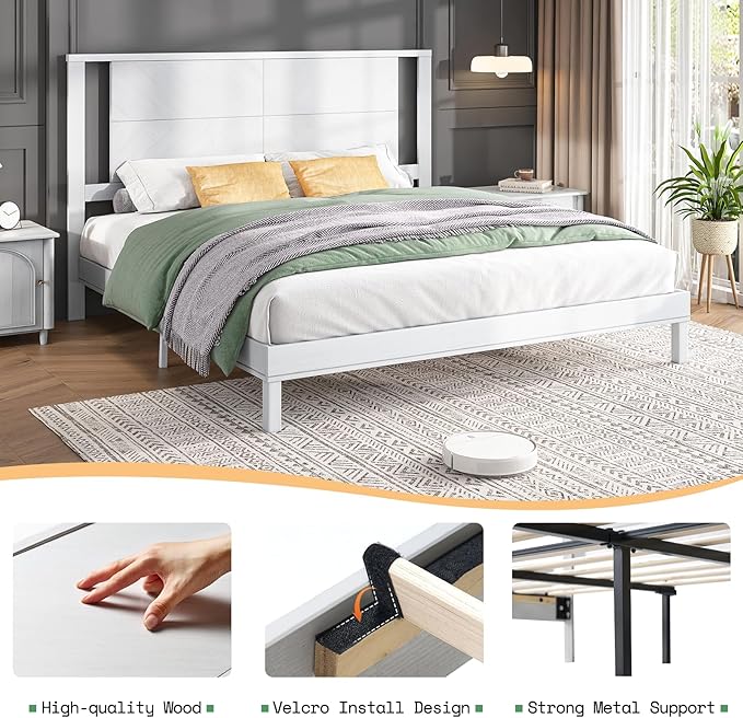 AMERLIFE Solid Wood King Size Bed Frame with Headboard, Mid Century Modern Style Platform Bed with Under-Bed Storage, No Box Spring Needed, Noise Free, Easy Assembly, Antique White