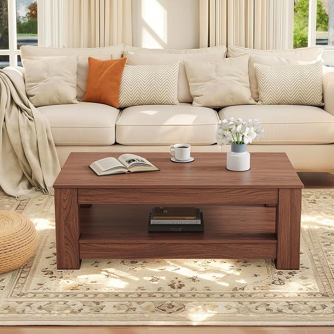 43.3" Coffee Table with Storage, 2-Tier Mid Century Rectangular Accent Table with Thick Tabletop, Rustic Style Cocktail, Center Table for Living Room, Office, Apartment (Walnut)
