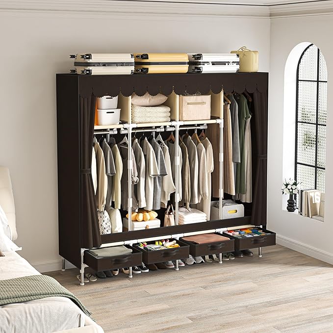 Portable Wardrobe with 4 Drawers, 4 Hanging Rods - 67" Tall Sweater Organizer, Sturdy Easy Temporary Bedroom Wardrobe Organizer, Brown