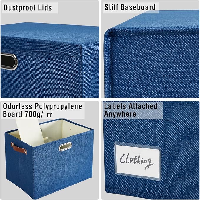 17" Large Collapsible Storage Bins with Lids, Stackable Closet Organizers with PU Handle and Labels, 3-Pack Decorative Fabric Storage Boxes for Home, Bedroom, Closet, Office, Nursery(Navy)