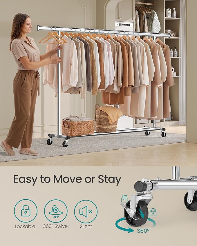 SONGMICS Clothes Rack with Wheels, Heavy-Duty Clothing Rack for Hanging Clothes, Portable, 17.7 x (63-78.7) x 63.6 Inches, with Extendable Rail, 330 lb Load Capacity, Silver UHSR175E01
