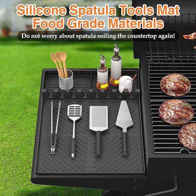 Silicone Griddle Tools Mat for Blackstone, Griddle Accessories Side Shelf Mat Grill Pad for Outdoor Grill Kitchen Counter Spatula Silicone Mat with Drip Pad (Black)