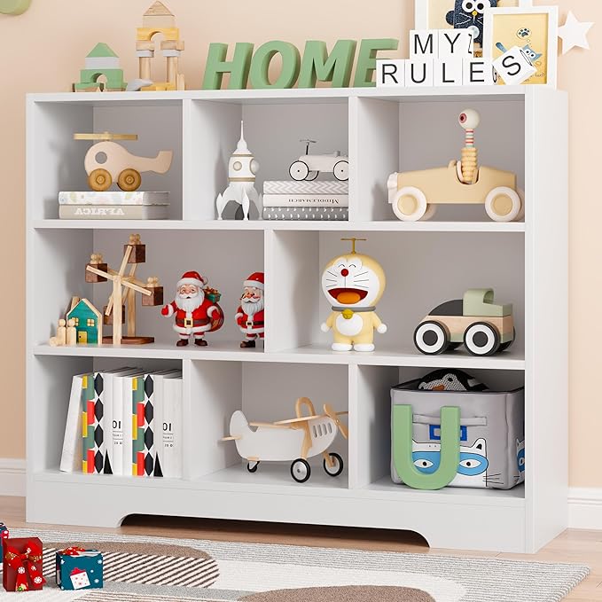 Book Shelf for Kids, 8 Cubes Storage Organizer Montessori Bookshelf, 3-Tier Wooden Kids Bookcase, Toy Storage Organizer for Children, White Toddler Bookshelf Cube Shelf for Kid’s Room, Classroom