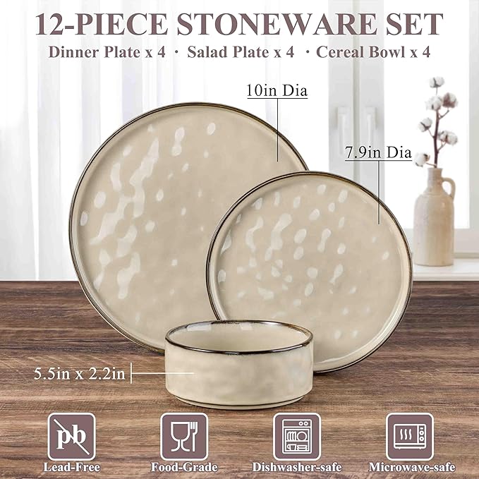 Herogo Dinnerware Dishes Sets for 4, 12 Pieces Ceramic Plates and Bowls Sets, Kitchen Dinning Dishes, Dishwasher & Microwave Safe, Cream Khaki