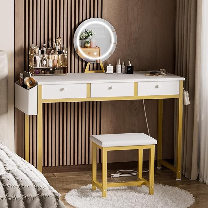 White and Gold Makeup Vanity Desk with Mirror and Lights Big Vanitys Set with Chair, Drawers and Power Outlet, Dressing Table Vanities for Girls Bedroom 47“
